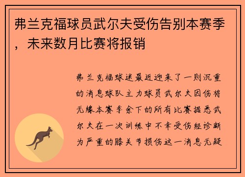 弗兰克福球员武尔夫受伤告别本赛季，未来数月比赛将报销